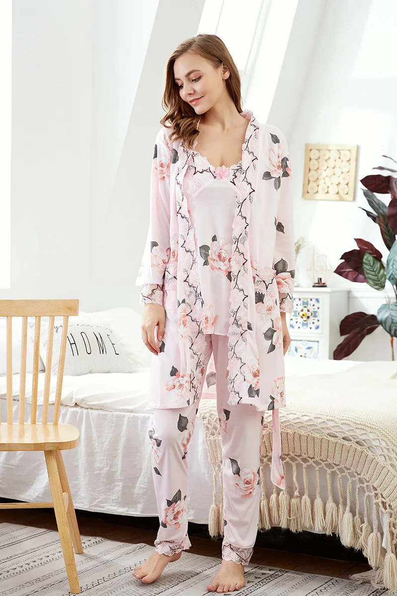 Женский кружевной пижамный комплект Хлопковая пижама на бретельках 3 предмета