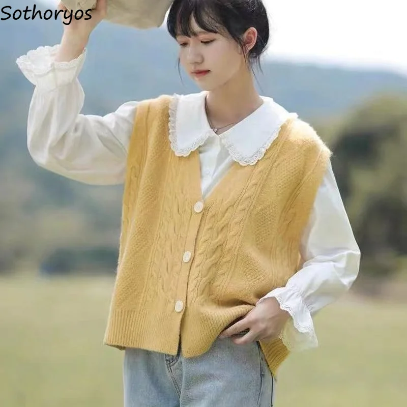 

Sweet Solid Sweater Vests Women Tender Stylish S-3XL Vintage Casual Single Breasted V-neck Knitwear Female Simple Basic Jumper