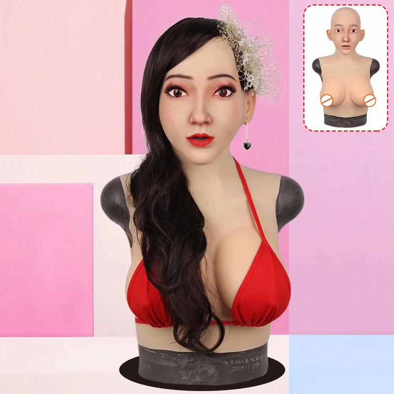 

Silicone Female Headmask Headwear With Boobs Cosplay C cup Breast Forms With Belly For Crossdresser Drag Queen