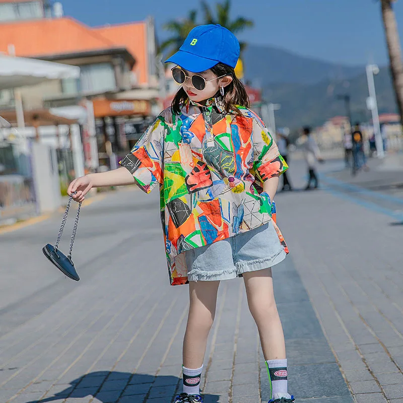 

New Korean Style Girls Clothes Printing Patchwork Knee-Length Breathable T-shirt for Girls Street Mother and Daughter Clothes