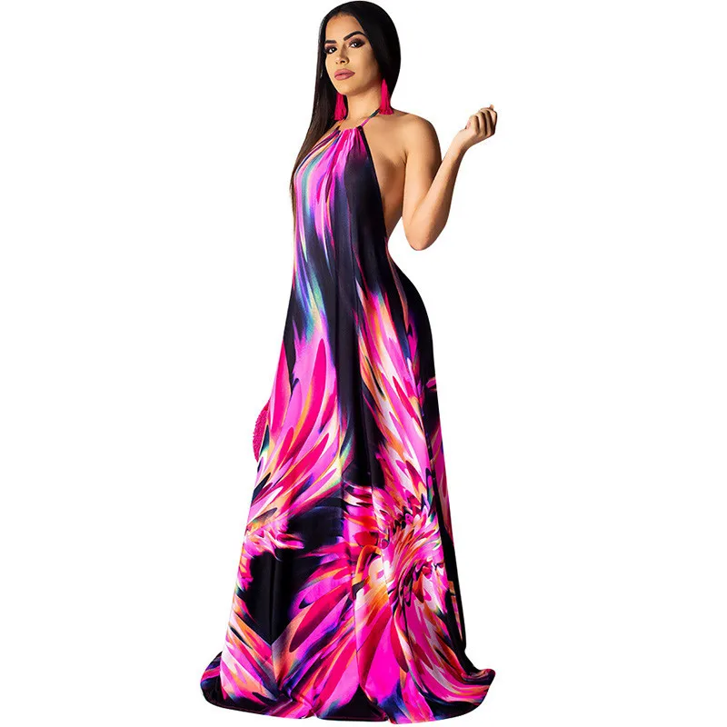 

Plus Size Women Flower Print Summer Maxi Dress Sexy Halter Sleeveless Backless Floor-length Long Dresses Boho Loose Beach Dress