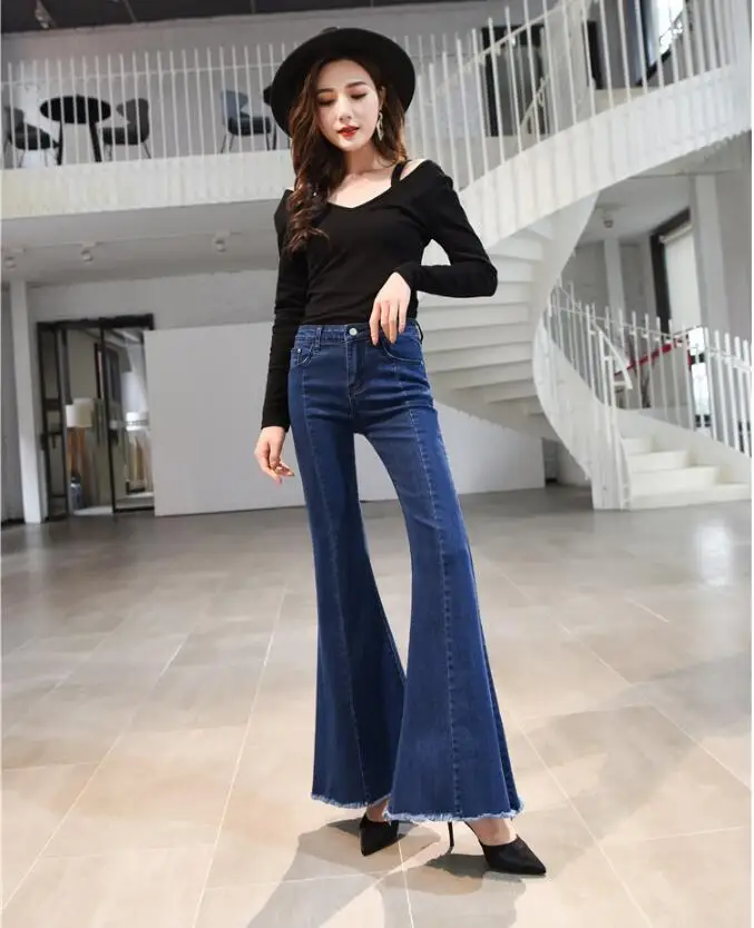 

Женские джинсовые брюки-клеш, черные эластичные брюки со средней талией и широкими штанинами, размер 8XL