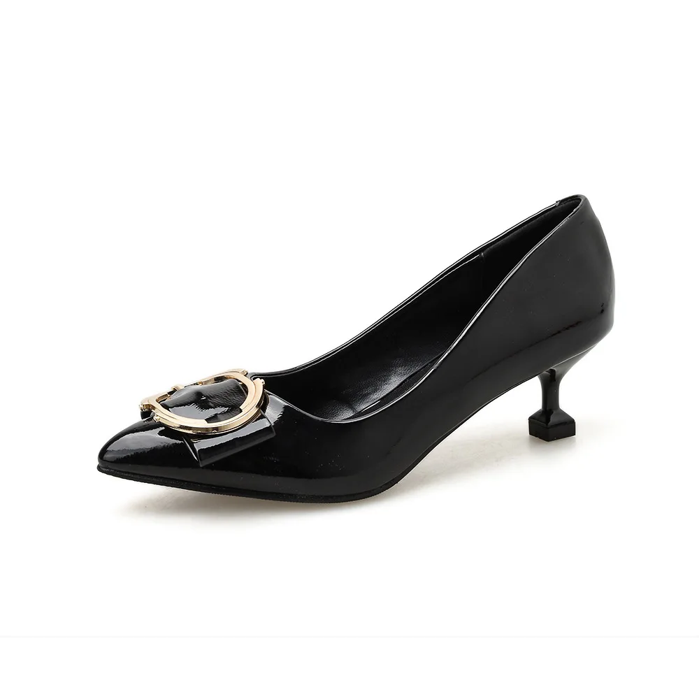 Japanned leather metal round buckle shoes woman brief work office ladies pumps slip on pointed toe shallow thin high heels 2020 | Обувь