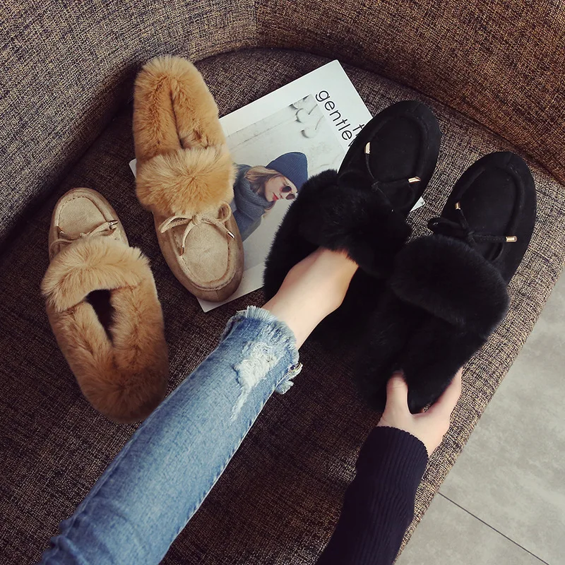 Женские лоферы на плоской подошве с кроличьим мехом бантом и круглым носком