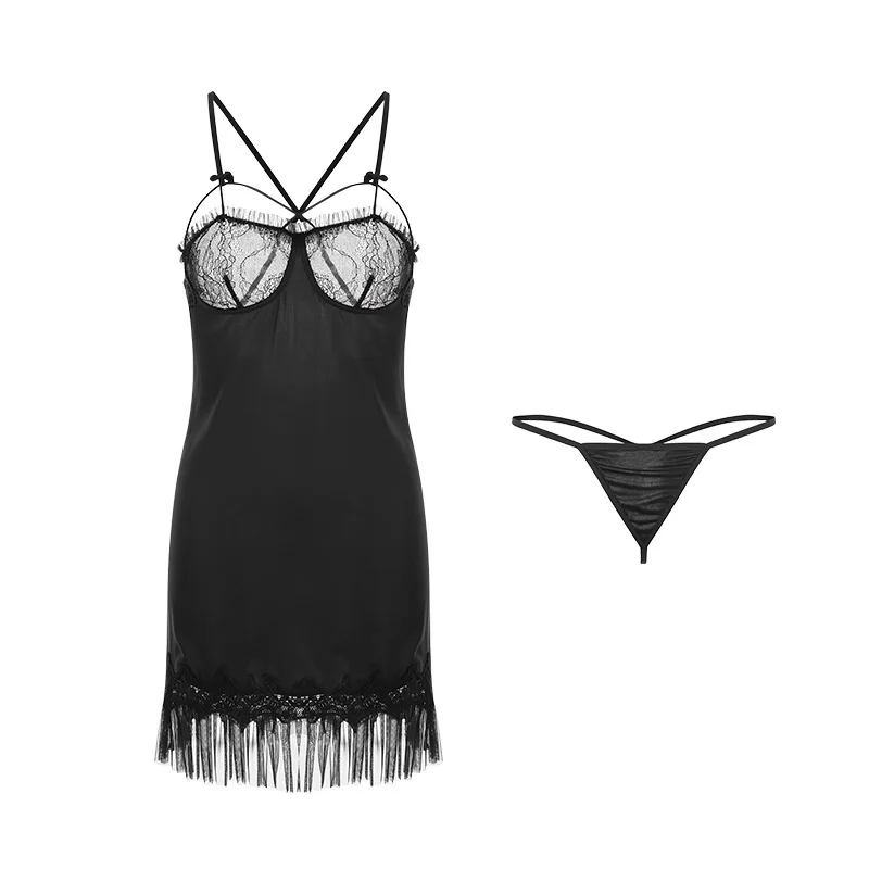 

Summer new pajama set Women's suspender dress silk like nightdress sexy deep V open back mesh sleepwear set GR619