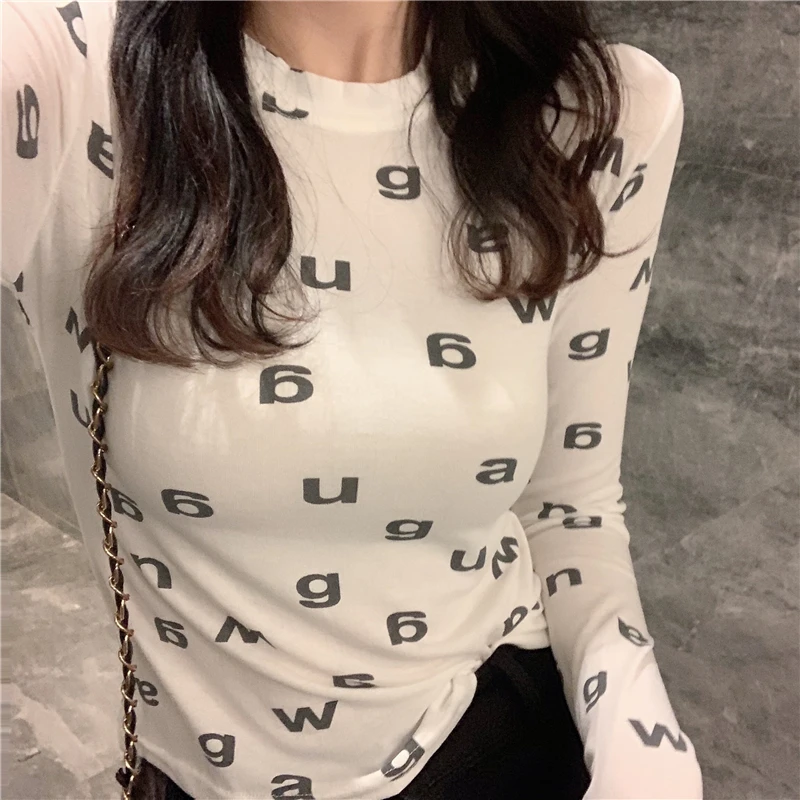 

han 2021 autumn new printed letters look thin with long sleeve slim bottomed Shirt Top T-shirt women's wear