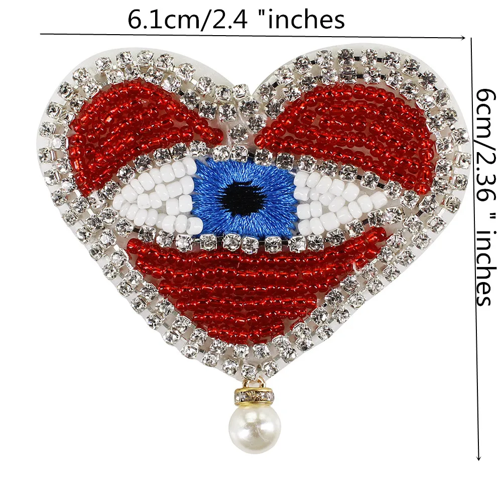 Beaded Heart Eyes Patches Rhinestones Motifs Pearl Pendant Brooch Badge with Pin 2 pieces | Дом и сад