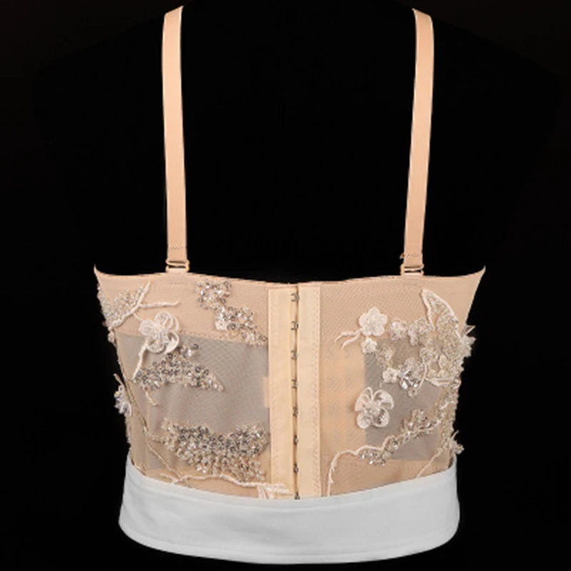 New Sexy Lace Embroidery Pearl Camisole Celebrity Fashion Adjustable Strap Body Shaping Belt Sequined Corset Bar Party Club Wear