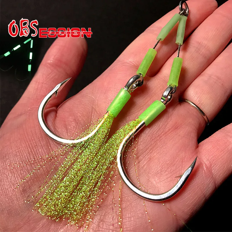 

OBSESSION Twin Assist Double Steel Wire Hooks Luminous High Carbon Steel Saltwater Deepsea Thread Feather Jigging Fishing Hooks