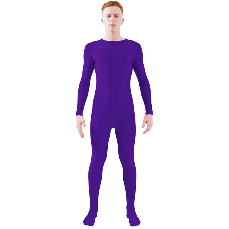 Dark Purple Ensnovo, блестящий комбинезон на молнии, Zentai, колготки для всего тела для мужчин, боди на заказ, костюм из цельного спандекса с длинным рукавом - Цвет: Dark Purple