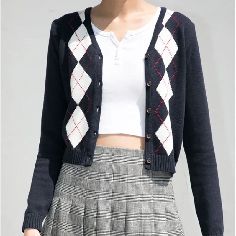 

Vintage women elegant diamond pattern knitted cardigan 2020 fashion ladies slim bomb knitwear coat casual female top girls chic