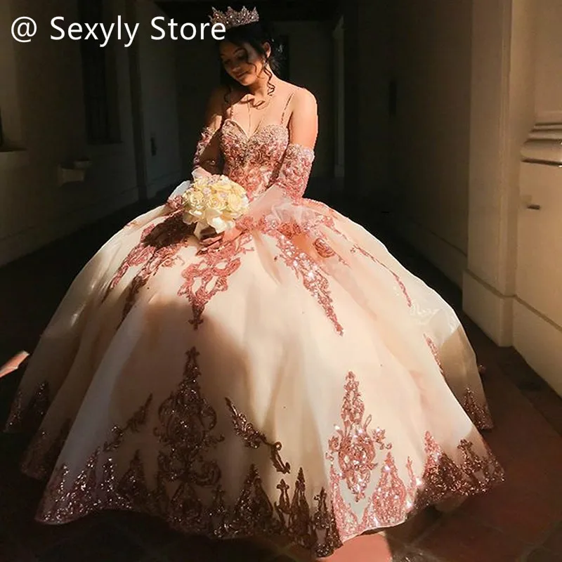 Фото Платье Quinceanera розового золота, роскошное маскарадное платье с блестками для выпускного вечера, дня рождения, с оборками Folklorico Vestidos De 15 Años по индивидуальному заказу №1