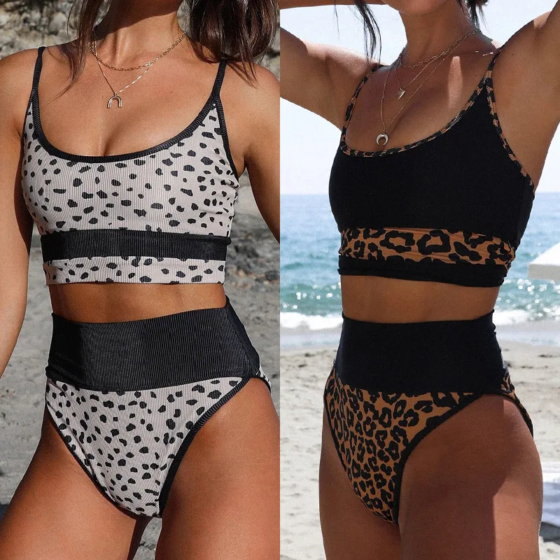 

Vamos Todos 2021 Summer Leopard Printing Patchwork Sexy Camis Top Bikini High Waist Swimming Suit For Women Backless Swimwear