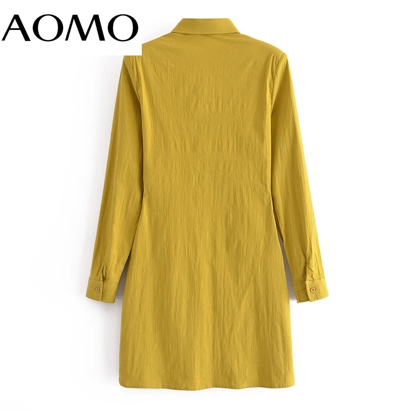 

AOMO 2021 Fashion Women Yellow Pleated Shirt Dress Turn Down Collar Long Sleeve Ladies Mini Dress QN167A