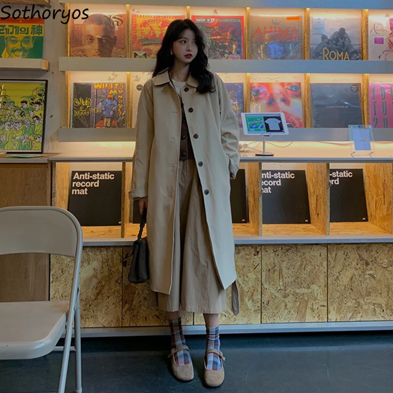 

Solid Khaki Women Trench Single Breasted Hong Kong Style Spring New Turn-down Collar Trendy Leisure All-match Retro Ulzzang Chic