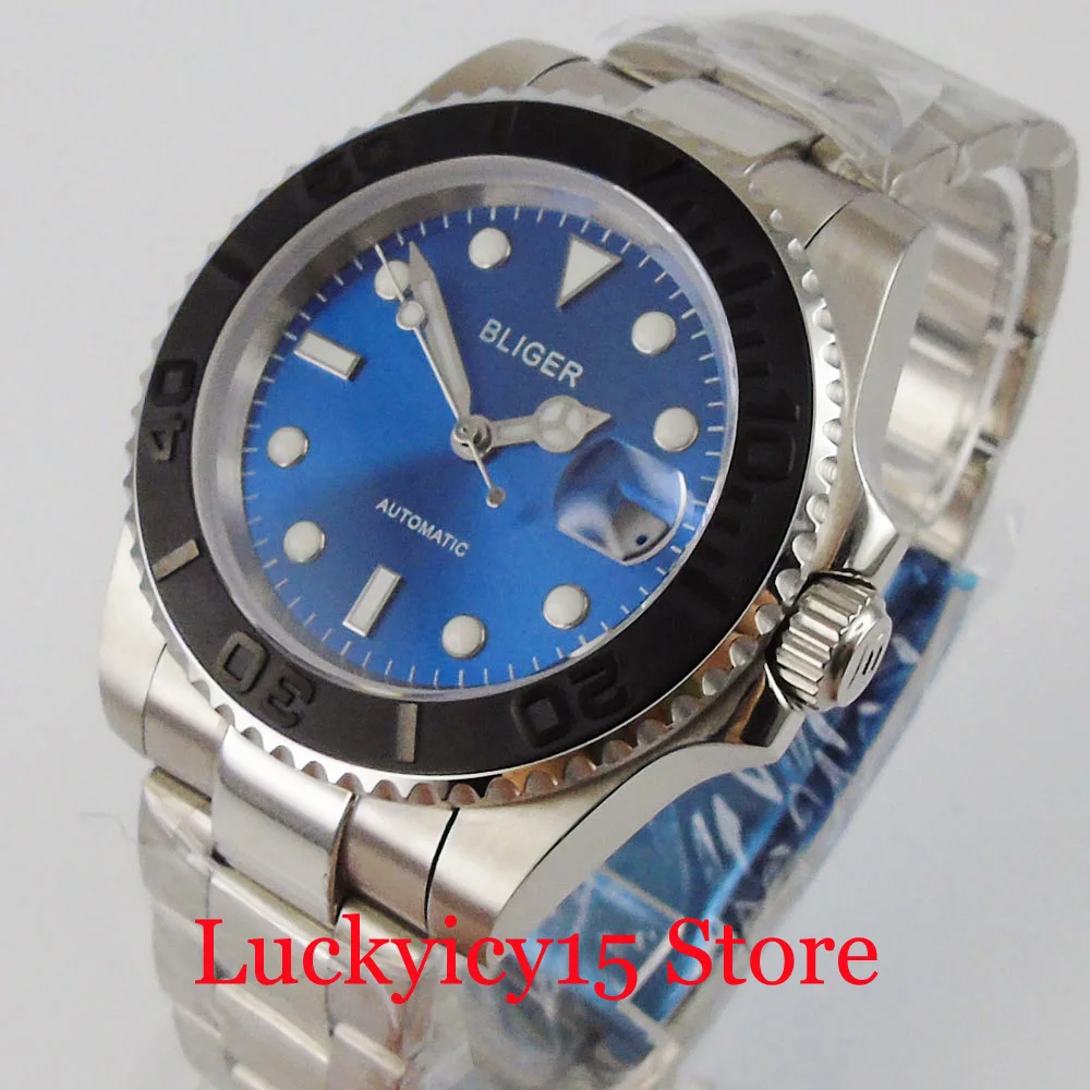 

BLIGER Fashional 40mm Self Winding Men Watch Sapphire Crystal NH35 MIYOTA 8215 PT5000 Movement Mental Bracelet Blue Dial