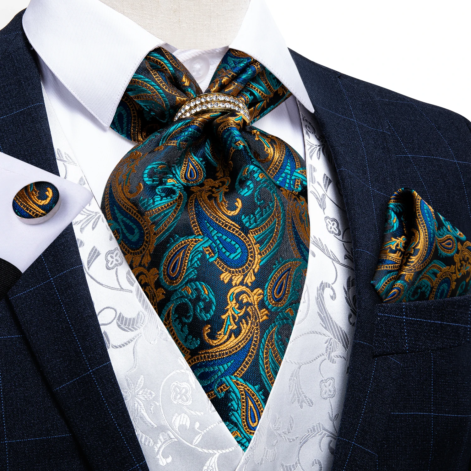 Corbata de cuello de seda para hombre, pañuelo clásico de ascuna, color verde azulado, dorado, Cachemira, Formal, para boda, 100%