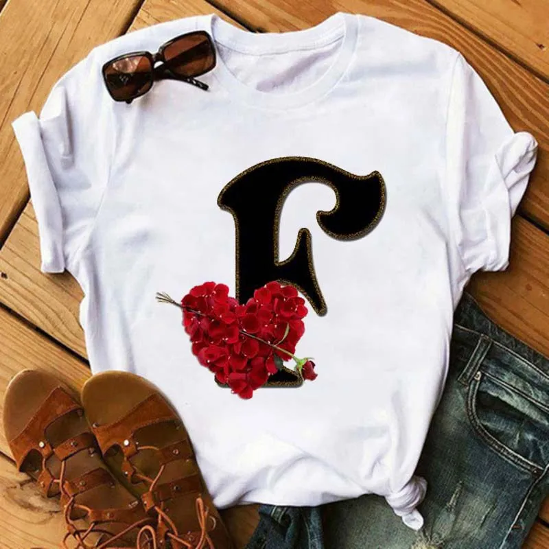 

Custom Name Letter Combination Women's High Quality Printing T-shirt Flower Letter Font A B C D E F G Short Sleeve Clothes Femal