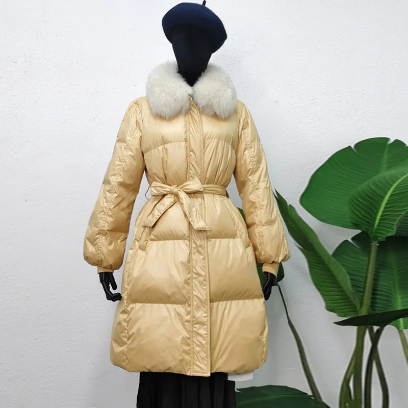 Janveny зимняя женская пуховая куртка с большим воротником из натурального Лисьего