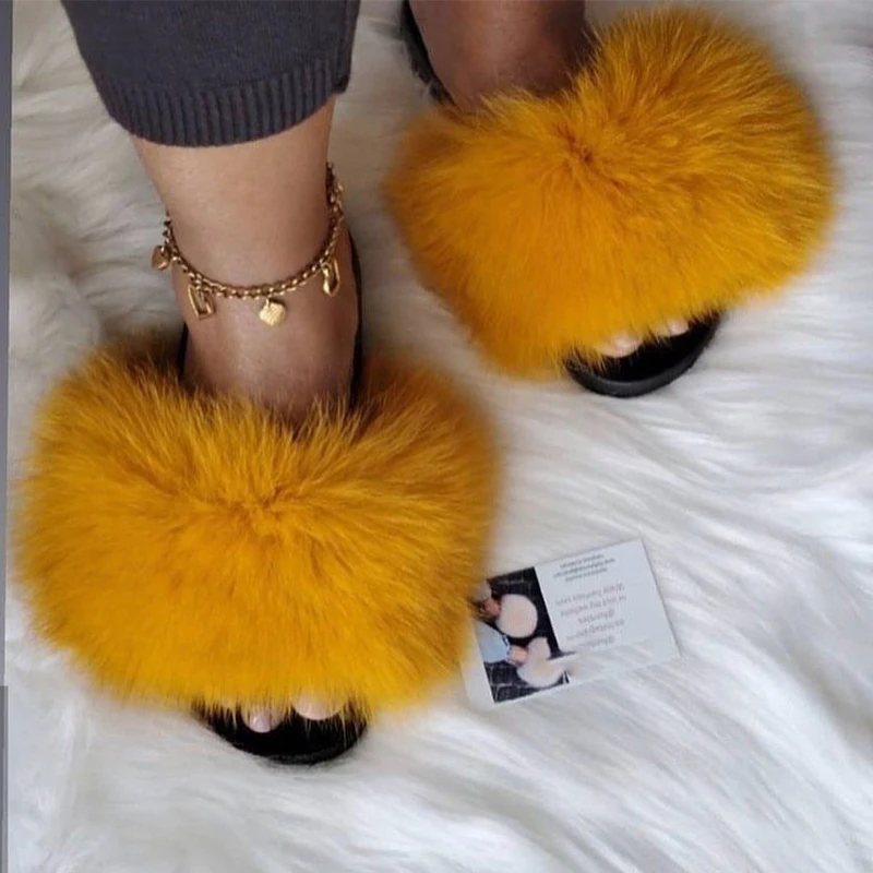 

Summer New Style Women's Slippers Leather Fox Fur Slippers Fashionable Ladies Shoes Fur Slides For Women Furry Sandal Slides