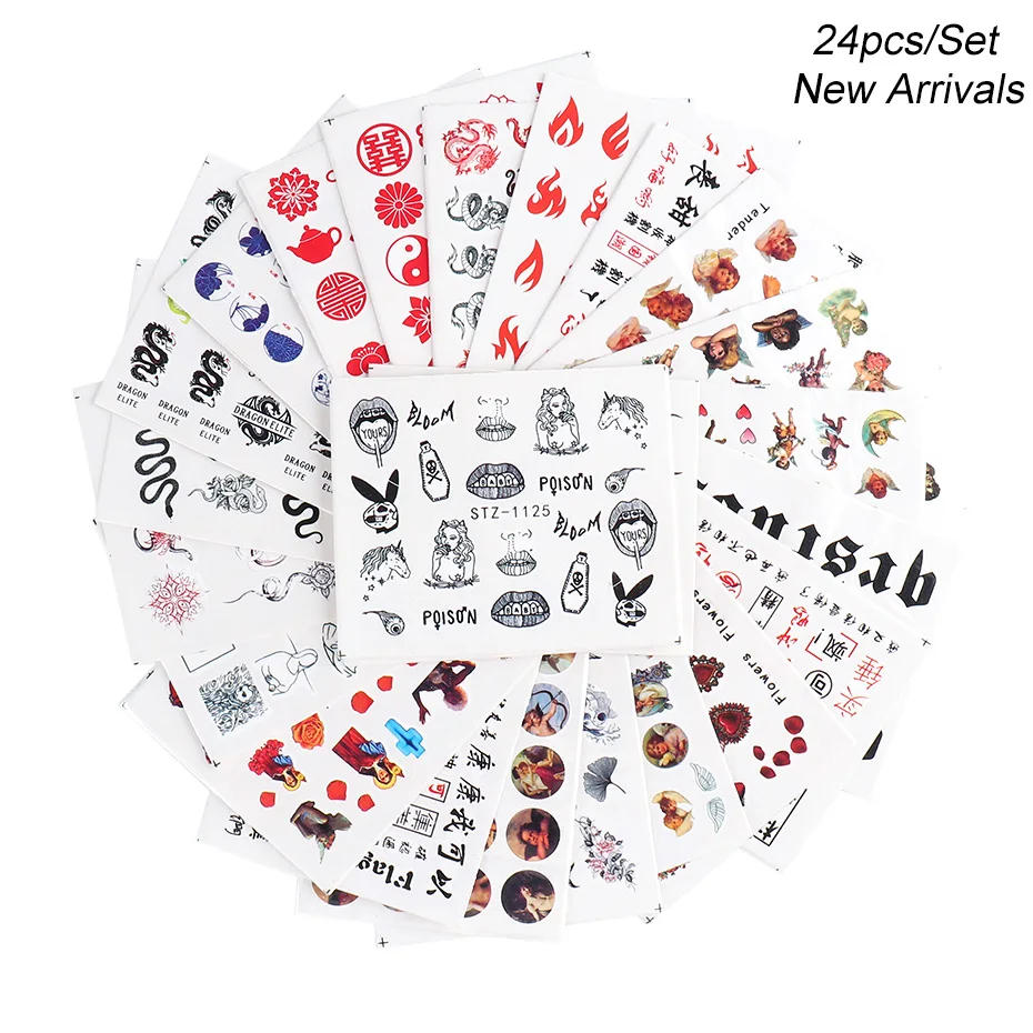 

24pcs Abstract Face Nail Stickers Decals Set Snake Dragon Nail Art Water Sliders Transfer Image Foil Decoration TRSTZ1114-1137-1