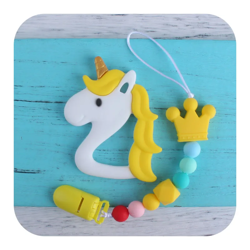 

XCQGH 2Pcs/set Unicorn Silicone Teether and Food Grade Silicone Beads Baby Pacifier Nipple Clip Chain