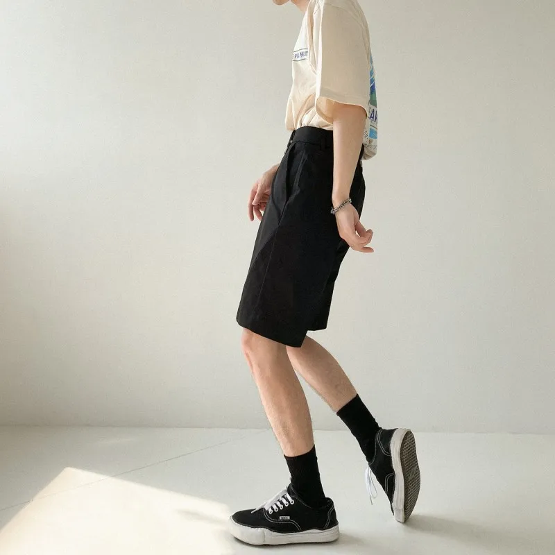 

Males Summer New Loose Knee-Length Suit Shorts Solid Mens Fashion Casual Korean Style Straight Shorts Button Decoration Khaki