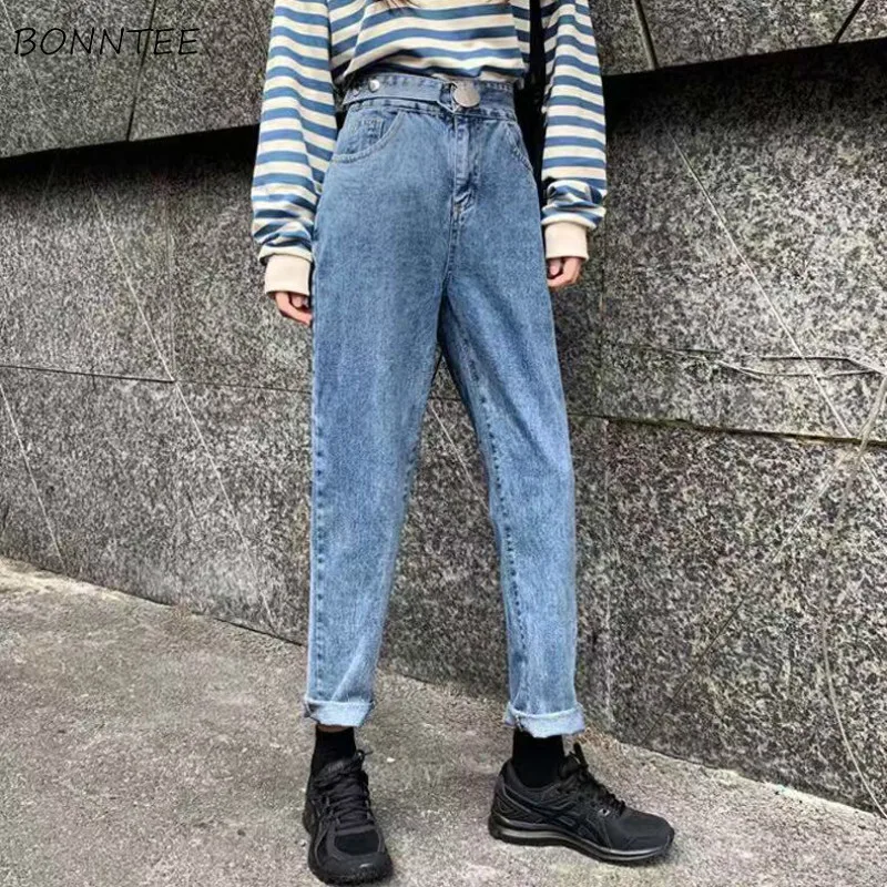 Джинсы женские винтажные однотонные с высокой талией свободные прямые простые