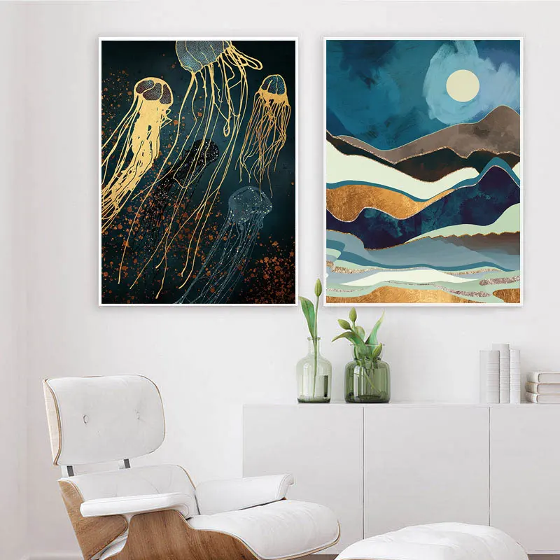

Modern Abstract Landscape Wall Decor 5D DIY Poured Glue Diamond Painting Kits Scalloped Edge Jellyfish Octopus Decorative Gift