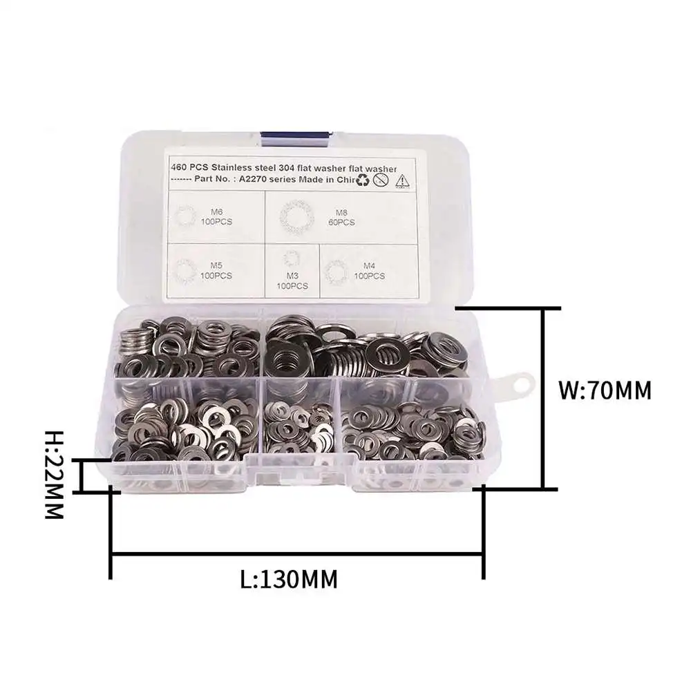 

460pcs Spring Washer M3-m8 Round Stainless Steel Flat Gasket Kit Flat Washer Assortment Kit