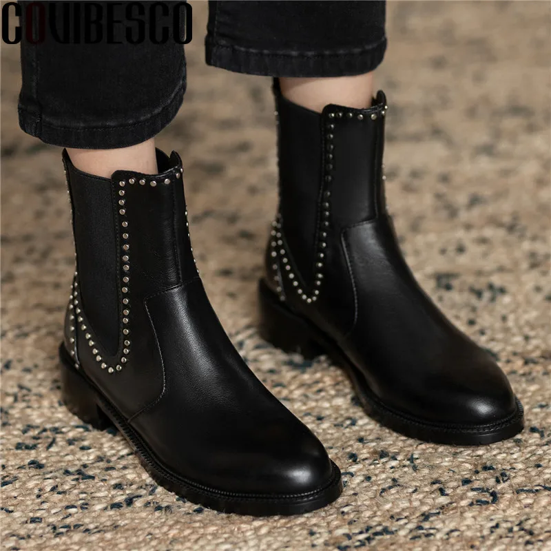 

COVIBESCO/2021 на осень и зиму, ботильоны с металлическим украшением; Обувь из натуральной кожи в винтажном стиле на толстом каблуке женские туфли-...