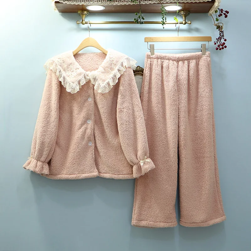 

Пижама женская осенне-зимняя утепленная двухсторонняя бархатная с бантом в дворцовом стиле Корейская кружевная Милая Дамская одежда для с...