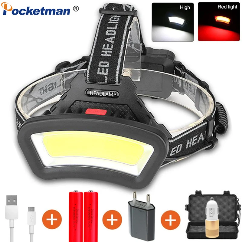 

Светодиодный налобный фонарь COB, USB, перезаряжаемый, водонепроницаемый Налобный фонарик, использование аккумулятора 18650, Налобный фонарик д...