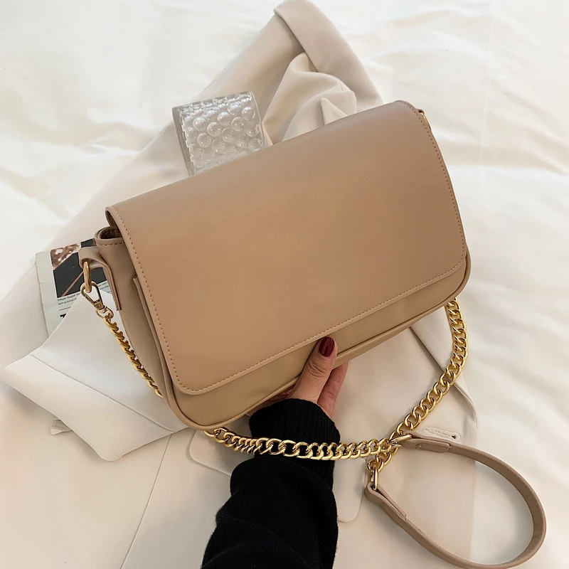 

High Quality Casual Simplicity Shoulder Bags for Women 2021 Flap Solid Color Leather Chain Crossbody Bag Sac De Messager