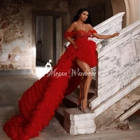 modern hi low ruffles tulle dresses women sexy red strapless off shoulder tiered ruffled gowns long party dress vestidos