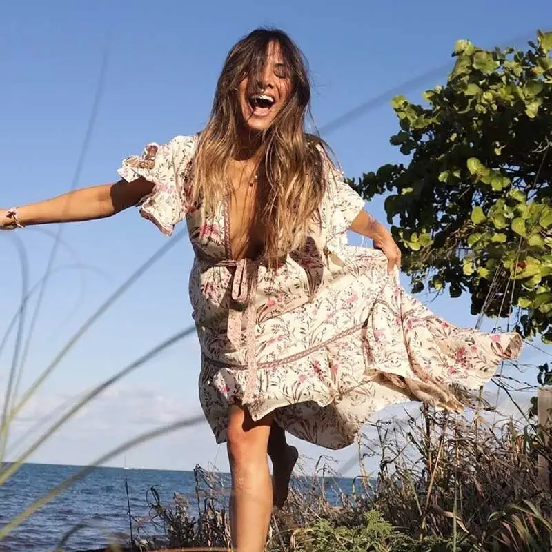 Богемный Вдохновленный кремовый цветочный принт праздничное платье шикарное с