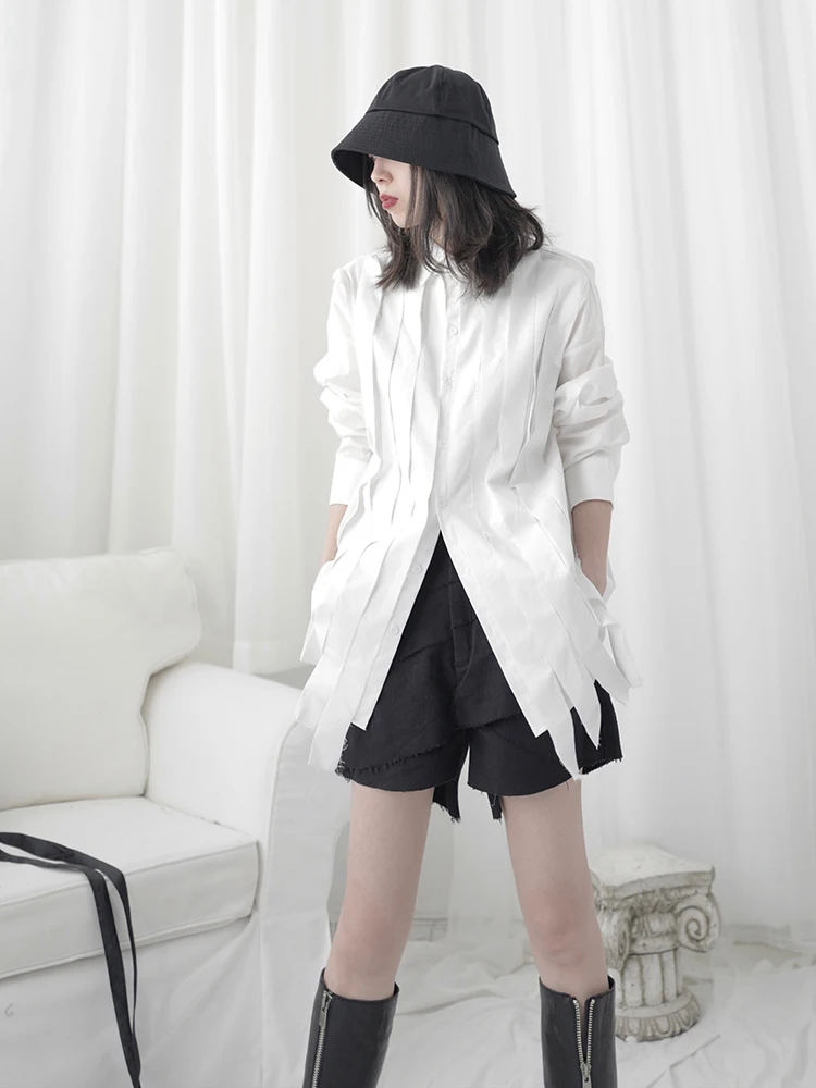

SuperAen 2021 Summer Fashion New Design Pleated Blouse Long Sleeves Turn-down Collar High Street Shirt Tops for Women