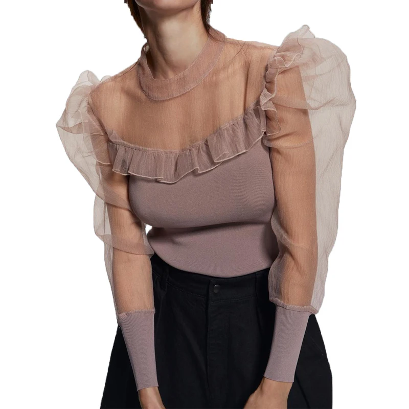 Осень 2019 повседневная Розовая Шифоновая Блузка с оборками женская одежда