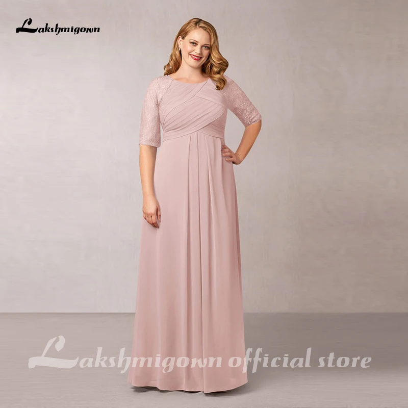 

Plus Size Affordable On Sale Blush Chiffon Jewel Neck Mother of the Bride Dresses Lace Half Sleeves Pleating Wedding Party Gowns