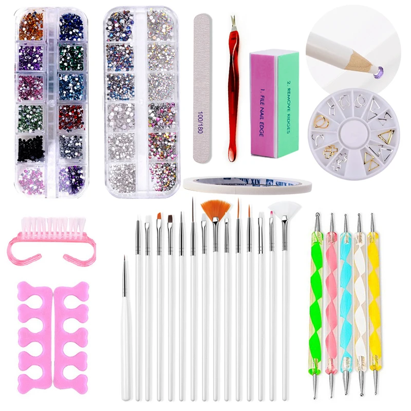 

31PCS Nail Art Set Kit Rhinestones 3D Nail Art Decorations Nail Brush Dotting Pens Files Buffer Manicure Design Striping Tape