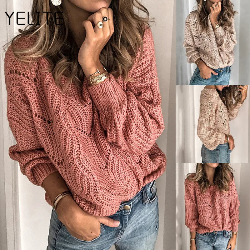 YELITE, женская мода, осень, новинка, корейский стиль, кружева, сшитые, дизайн, на ощупь, полый, толстый, линия головы, свободная одежда, теплый свитер для женщин