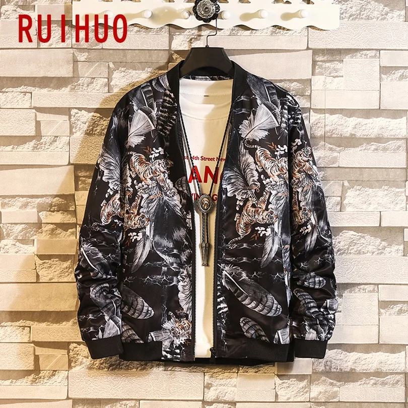 Куртка RUIHUO Мужская черная уличная одежда Бомбер модное пальто в стиле хип-хоп