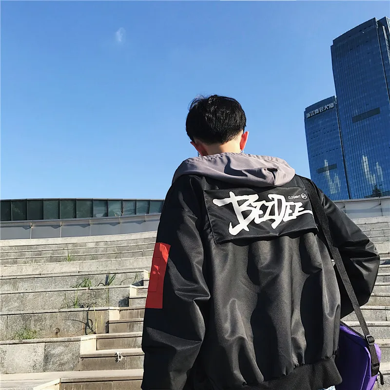 

Windbreak Jackets Men Spring Autumn Hooded Joggers Harajuku Patchwork Outwear Mens Pilot Coat Bomber Jackets Oversized with Cap