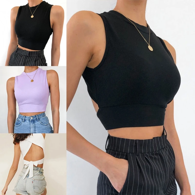 

Women Sleeveless O-Neck Crop Top Sexy Cutout Wrap Backless Slim Cami Vest Lace-Up Bandage Solid Color Ribbed Tank Top