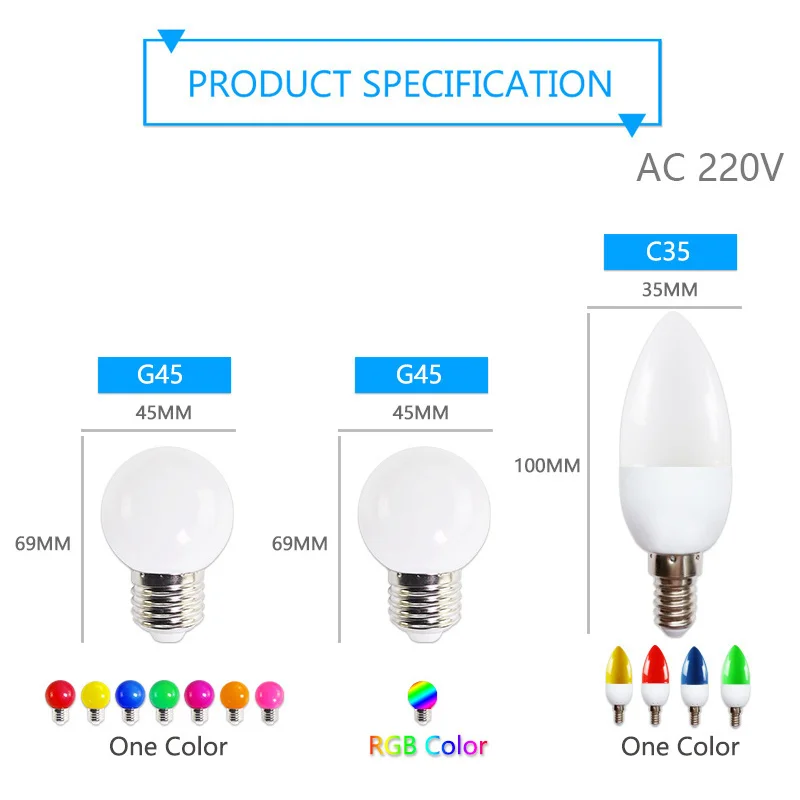 Светодиодная лампа E27 E14 3 Вт 5 7 RGB светодиодный ная A60 A50 G45 C35 свеча цветной SMD 2835 AC 220V