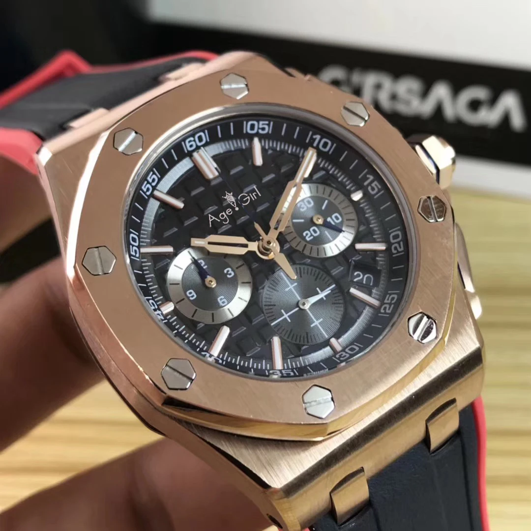 

Classic New Men Silver Blue Chronograph Sapphire Stainless Steel Oaks StopWatch Luminous Black Rubber Royal Watch Rose GOld
