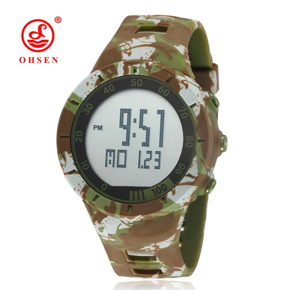 Camouflage Green OHSEN, цифровой светодиодный, для спорта на открытом воздухе, часы для мужчин и женщин, секундомер, дайвинг, желтый, модный силиконовый браслет, унисекс, часы, reloj hombre - Цвет: Camouflage Green