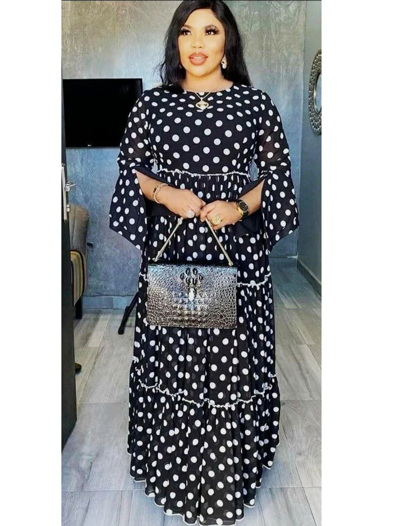 

Abaya Dubai Maxi African Design Loose Robe Gowns Muslim Dress Lady Party White Dots Printing European Clothes American Clothing