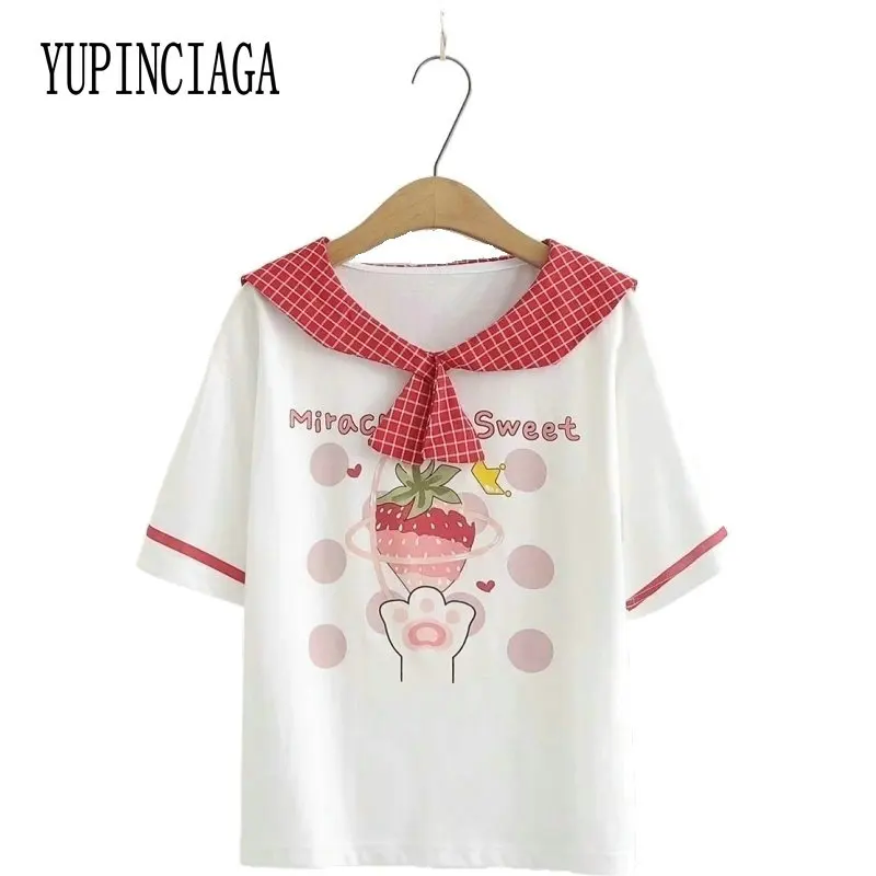 Женская футболка с принтом клубники Harajuku хлопковая Футболка матросским