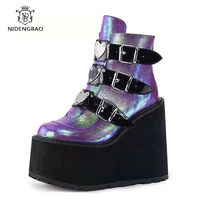nidengbao luxury brand new fashion female platform boots classic wedges ankle boots women 2020 metal buckle autumn shoes woman